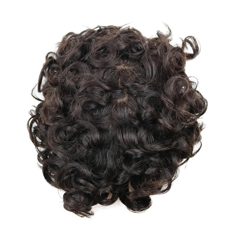 Durable Natural Hairline Human Hair Men's Toupee 26mm Curly Managable Skin Base #1 Jet Black Brown Hair Capillary Prosthesis