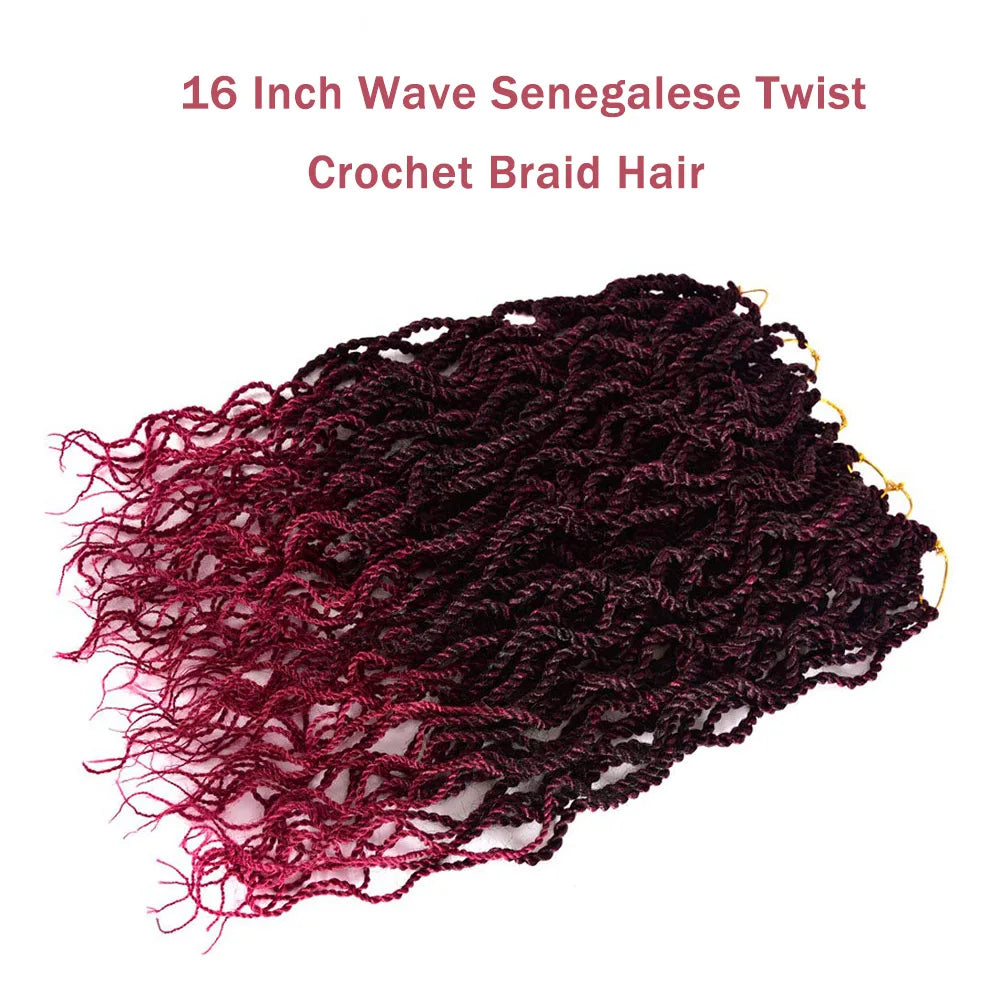 16 Inch Wavy Senegalese Twists Crochet Braiding Hair Extension Ombre 99J Synthetic Crochet Braids Hair with Curly Ends for Women