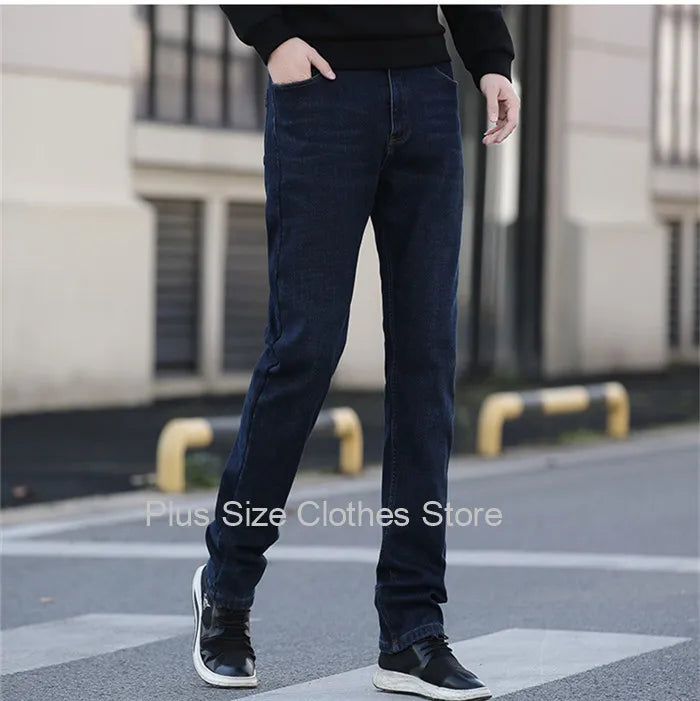 Tall Man Fleece Jeans 117CM Extra Long Stretched Plus Size 42 44 Fit Trousers Warm Autumn Winter High Waist Denim Pants Trousers