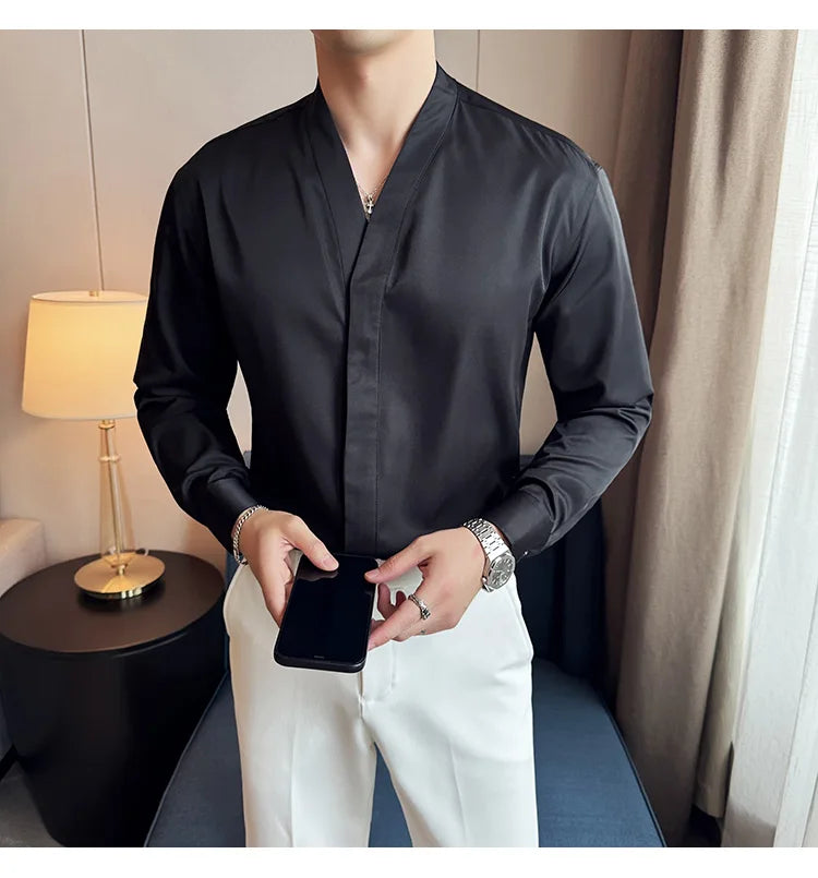 High Quality Collarless Shirts Men Fashion Slim Fit Long Sleeve Casual Shirts Business Office Social Formal Shirt Men Clothig