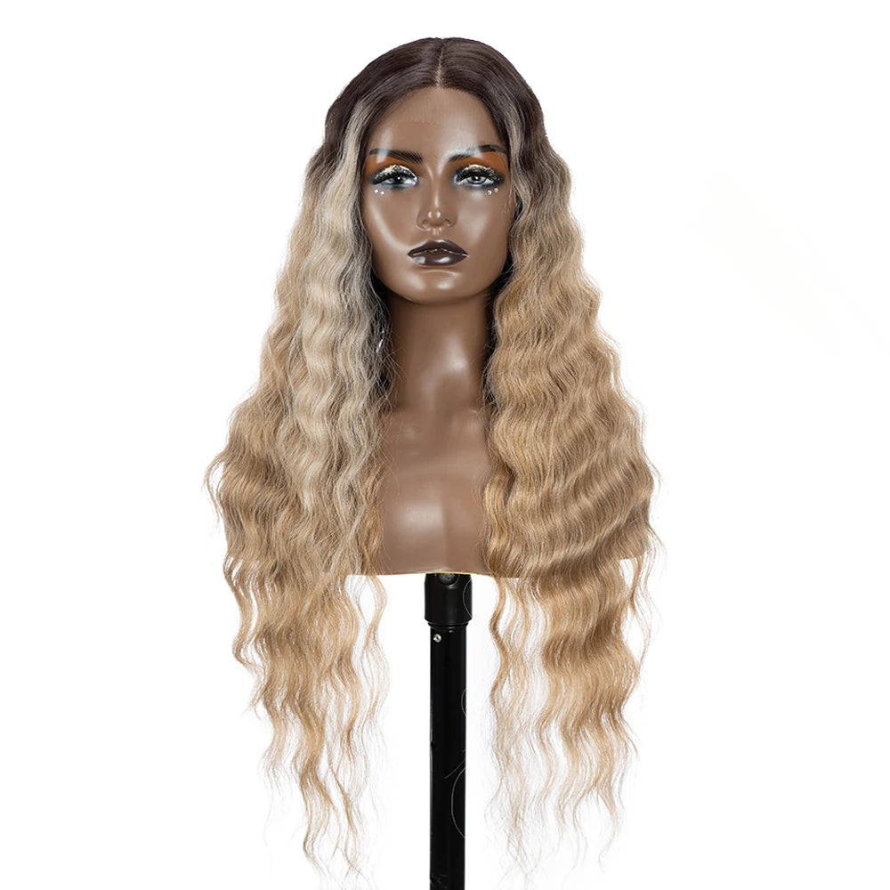 Synthetic Lace Wig 30" Ombre Blonde Black Wig  Wig Long Wavy 30 " Hair Lace Wig For Women Lace Front Wig Cosplay Wig