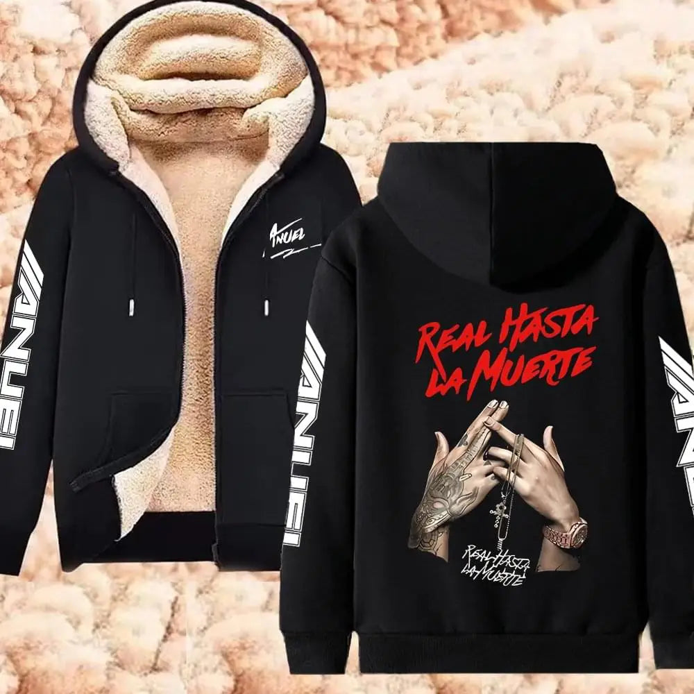 Anuel AA Printed Hoodies Real Hasta La Muerte Casual Zipper Jackets Thicken Lambswool Men Women Clothing Oversized Y2K Clothes