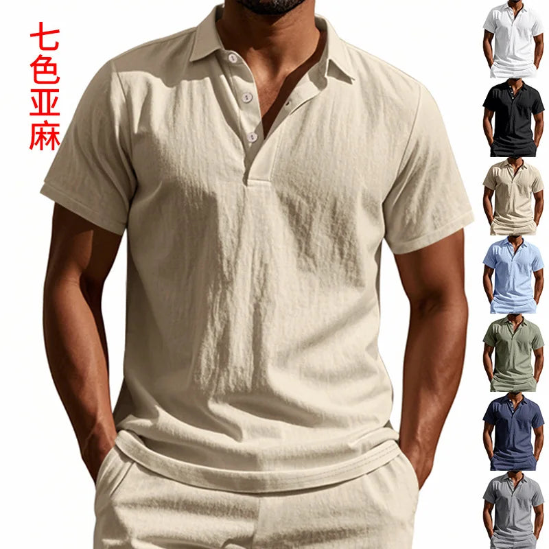2025Summer New Men's Shirt British Style Loose Trendy Breathable Linen Casual Polo Collar Series POLO Shirt Short Sleeve
