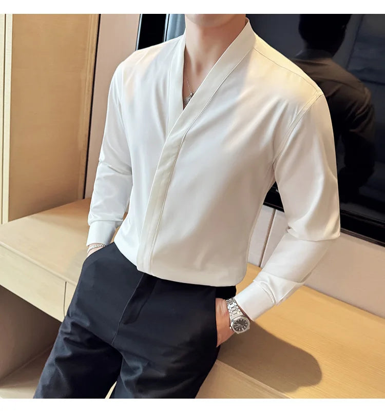 High Quality Collarless Shirts Men Fashion Slim Fit Long Sleeve Casual Shirts Business Office Social Formal Shirt Men Clothig
