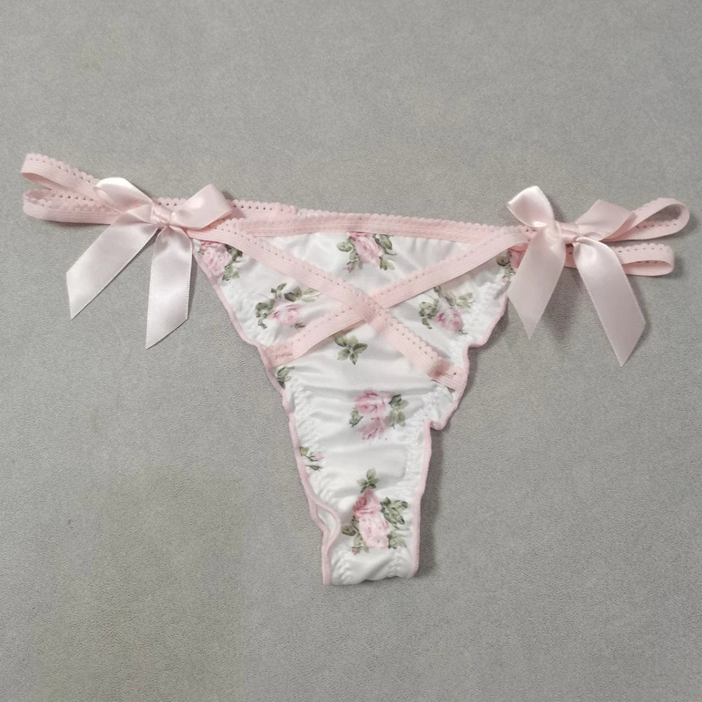 Ruffle Cute Sweet Girl Ladies Satin G-strings Thongs T-Panties Sexy Low Waist Women's Briefs Underwear Knickers