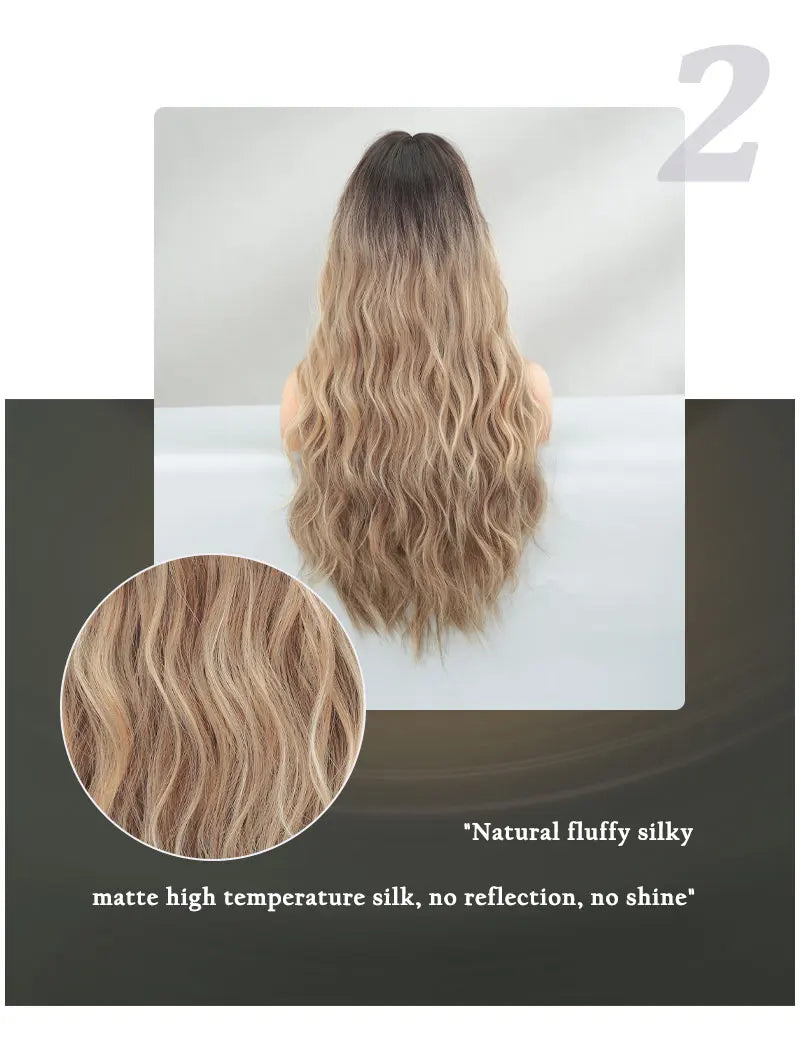 7JHH WIGS Synthetic Loose Wave Brown Wig with Dark Roots High Density Body Wavy Hair Wigs for Women Party Halloween Costume Wigs