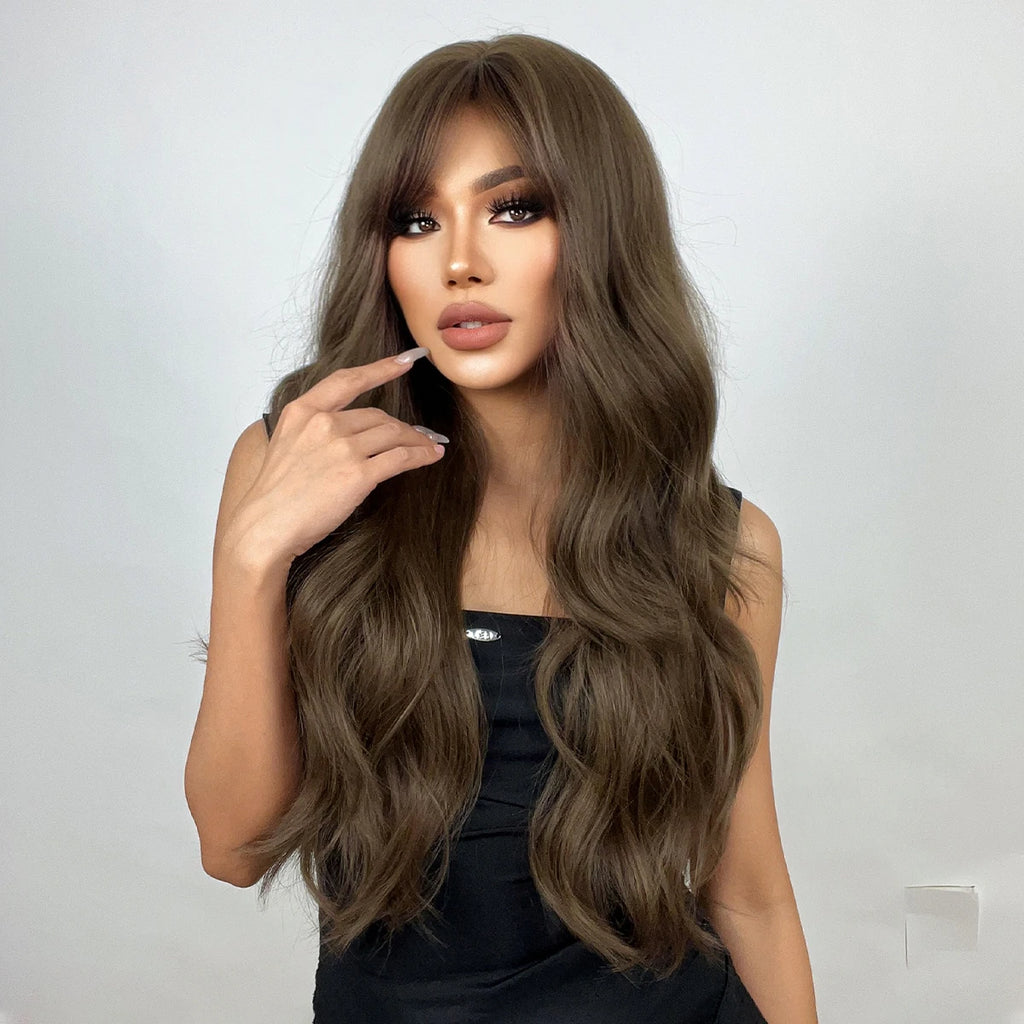 Brown Long Wavy Wig with Bangs Synthetic Natural Wave Hair Wigs for Black Women Afro Cosplay Party Daily Heat Resistant Fibre