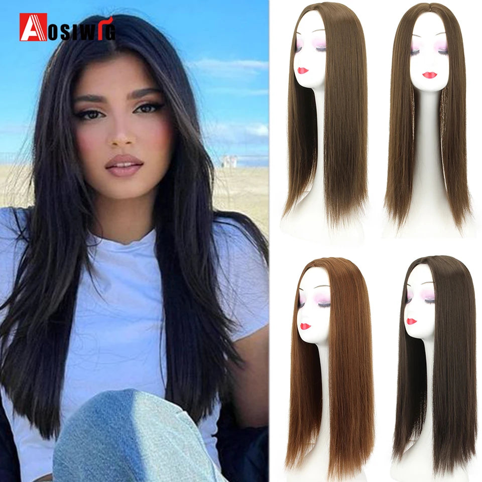 AOSIWIG Synthetic Long Straight Topper Closures Hairpiece Clip In Hair Extensions Cover White Hair Women Natural Fake Hairpiece