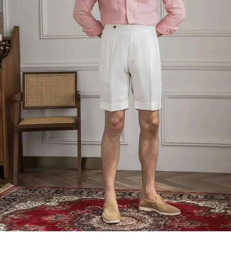 100% Linen Summer Straight Naples Shorts Men Solid Color Business Dress Pants Office Social Casual Slim Fit Shorts