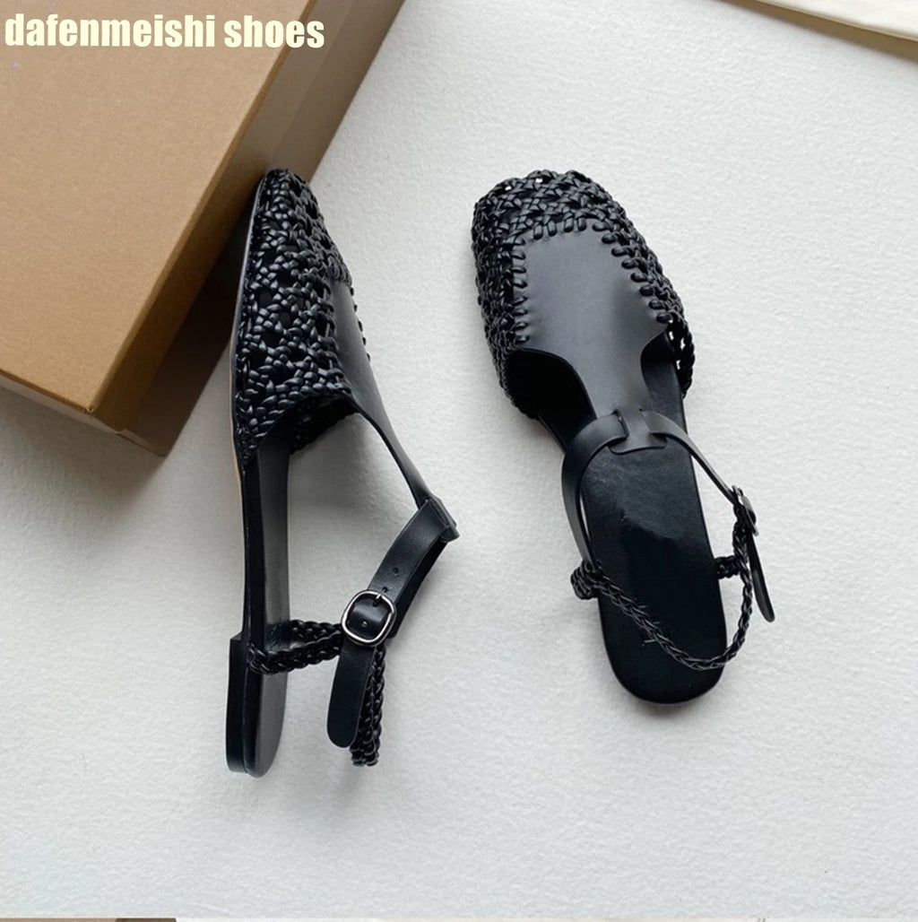 Flat Genuine Leather Woven Sandals Women's Hemp Rope Square Toe Summer Roman Shoes Singback Solid Color Fashion Shoes