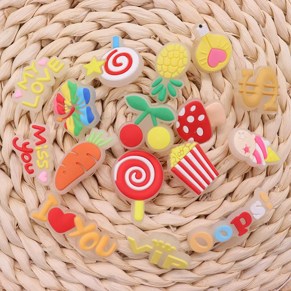 1-16Pcs My Love Lollipop Carrot Mushroom Luminous Sandals Shoe Buckle Charms Accessories DIY Kids Holiday Gift