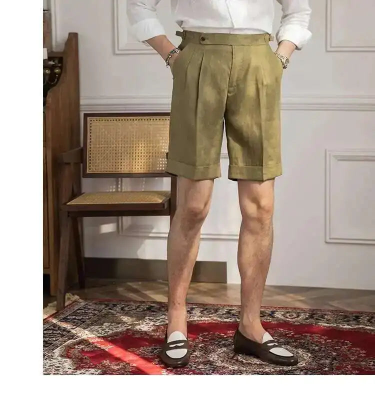 100% Linen Summer Straight Naples Shorts Men Solid Color Business Dress Pants Office Social Casual Slim Fit Shorts