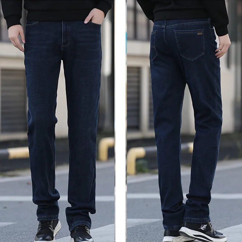 Tall Man Fleece Jeans 117CM Extra Long Stretched Plus Size 42 44 Fit Trousers Warm Autumn Winter High Waist Denim Pants Trousers