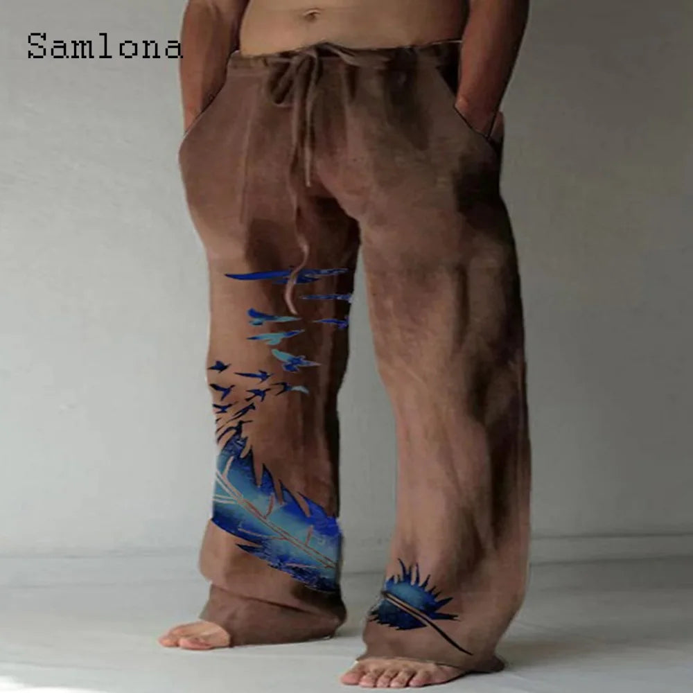 Samlona 2025 Men's Pocket Design Linen Pants Drawstring Loose Trouser Plus Size 3xl Mens Fashion Birds Feather Print Sweatpants
