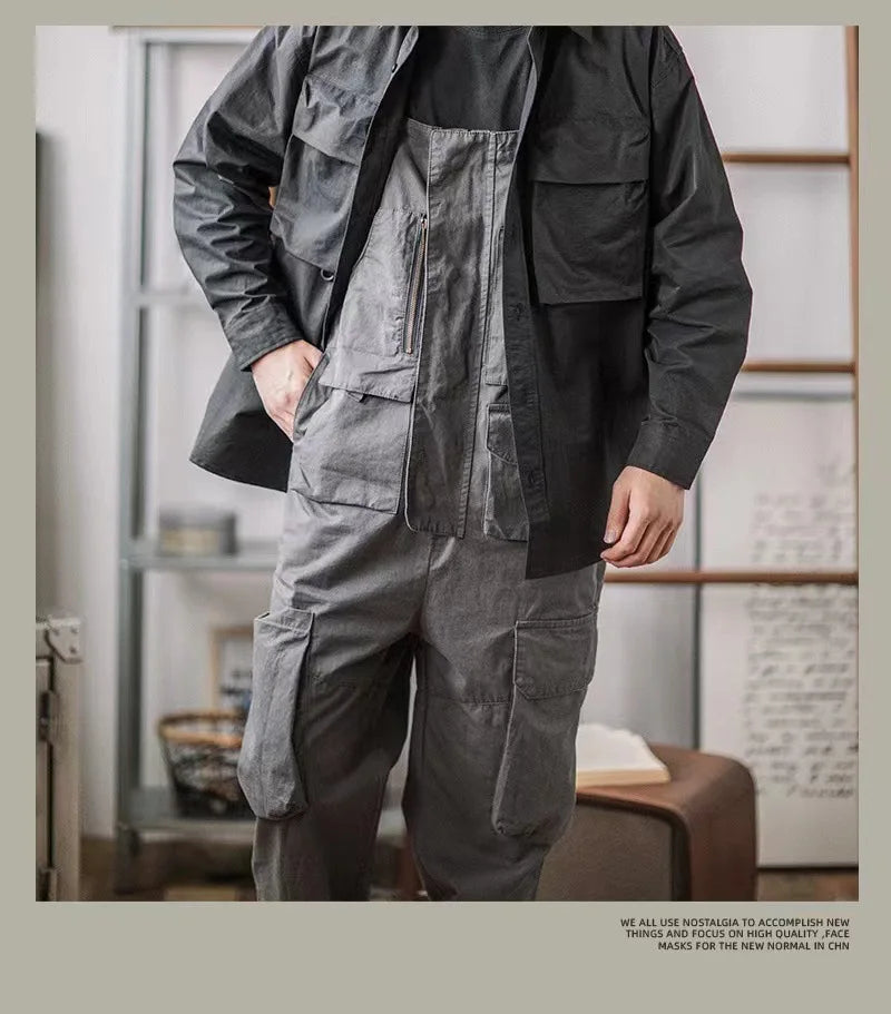 Retro American Cotton Overalls Loose Jumpsuit Men's Cargo Pants Men Suspenders Bibs Four Seasons Full Length Baggy Pants
