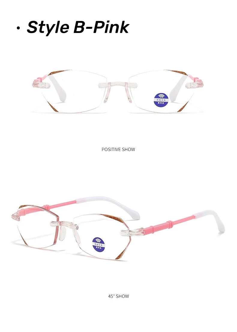 High Definition Lens Reading Glasses Women's Trendy Rimless Anti Blue Light Farsighted Eyewear Prescription Diopter Eyeglasses
