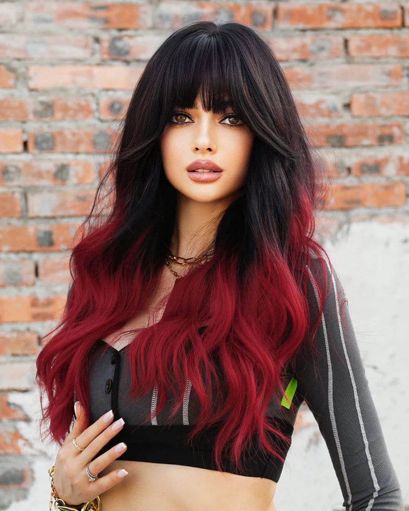 NAMM Long Wavy Ombre Black To Red Wig for Women Daily Cosplay Party Synthetic Lavender Hair Wig with Fluffy Bangs Heat Resistant