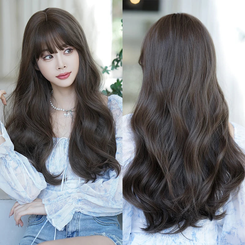 7JHH WIGS Body Wavy Wig Long Loose Curly Brown Wig for Women Daily Use High Density Synthetic Layered Hair Wigs with Bangs