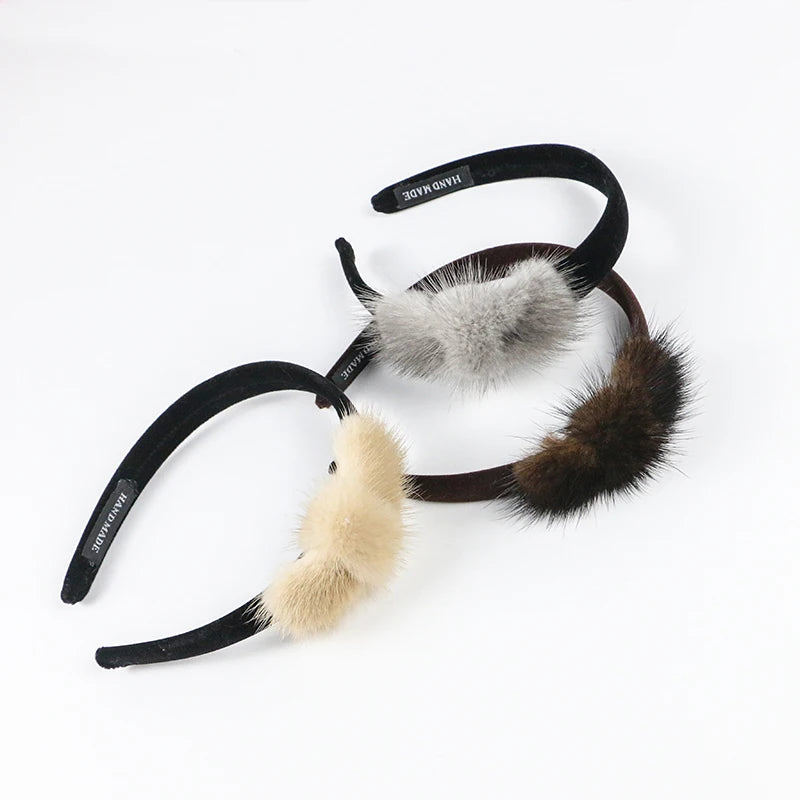 Real Mink Cosmetic Headbands Women High Quality Bow Hair Bands hair accessory Fashion Plush Hair Clips cute Real Fur Gifts