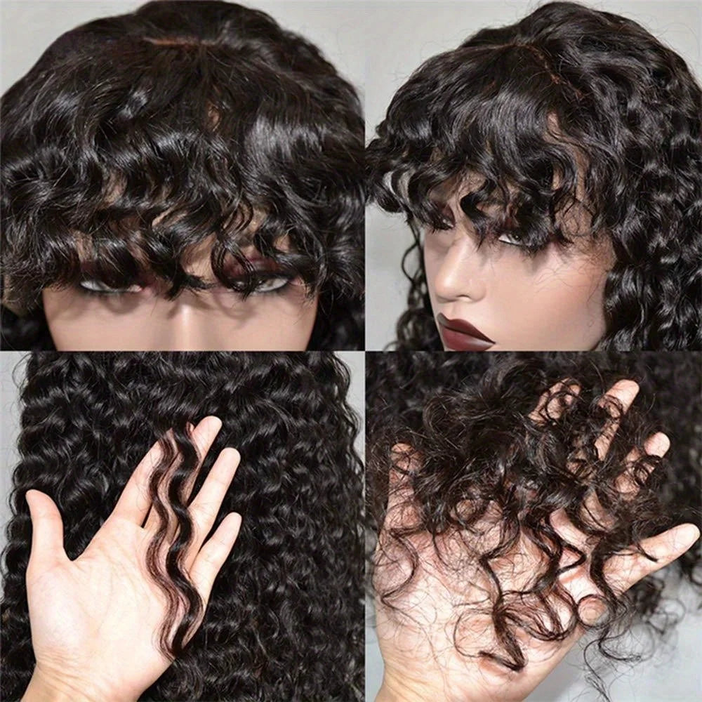 Curly Bob Wig With Bangs Short Bob Curly Wig for Women Natural Color Brazilian Human Hair Deep Wave Bob Wig With Bangs 16 Inch