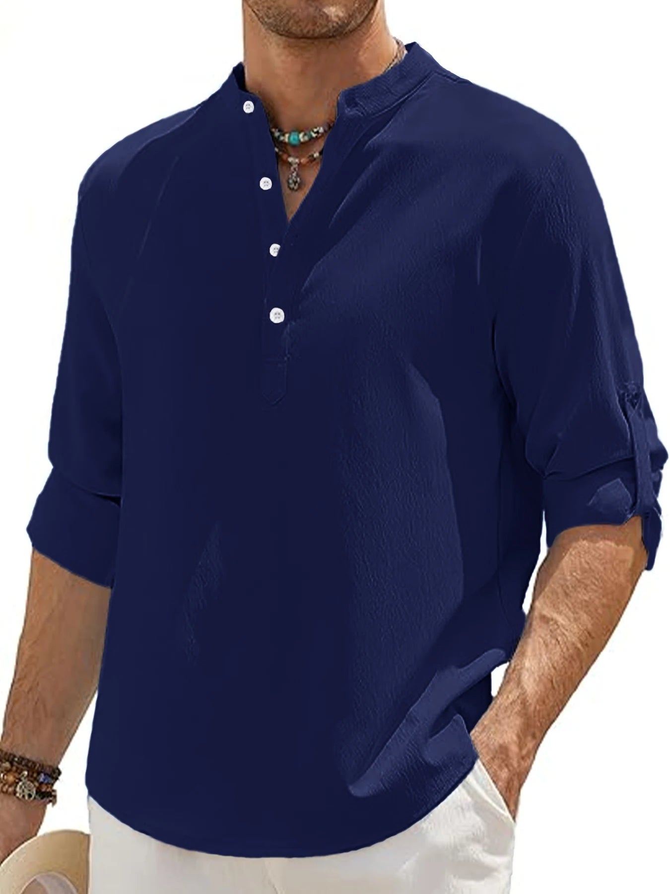 Men's Linen Shirt Summer 2025 Casual Short Sleeve Breathable Stand Collar Loose Fit Trendy Solid Color Youth Top with Pocket