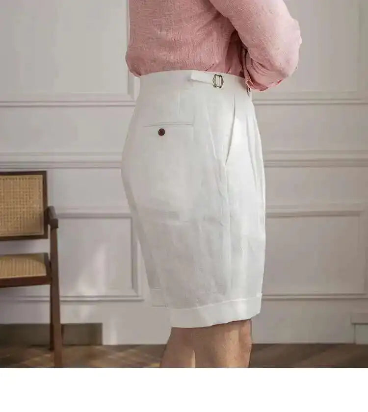 100% Linen Summer Straight Naples Shorts Men Solid Color Business Dress Pants Office Social Casual Slim Fit Shorts