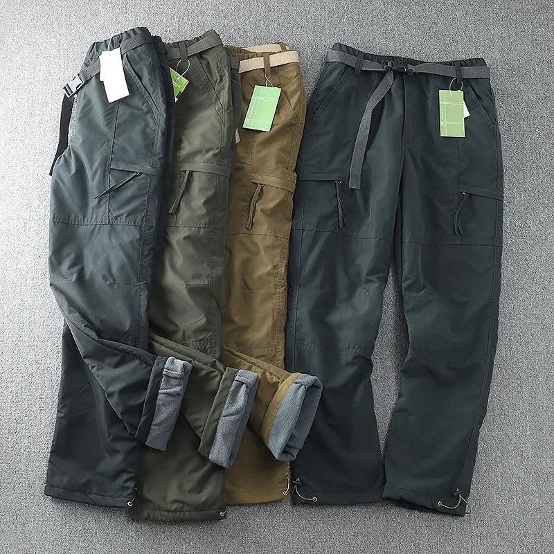 6XL Thick Waterproof Warm Fleece Cargo Pants Men Winter Outdoor Plus Velvet Multi-pockets Loose Straight Casual Overall Trousers