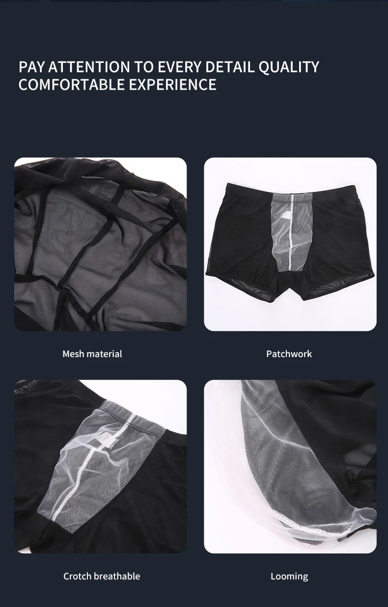 Mens Sexy Mesh Underwear Boxers Shorts Transparent Man Penis Pouch Panties Sheer Underpants Long Leg Boxershorts