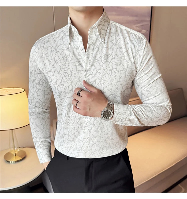 Men Dress Shirt 2024 Solid Casual Long Sleeve Slim Fit Print Shirt Fashion Formal Social Banquet Tuxedo Wedding Men Clothing