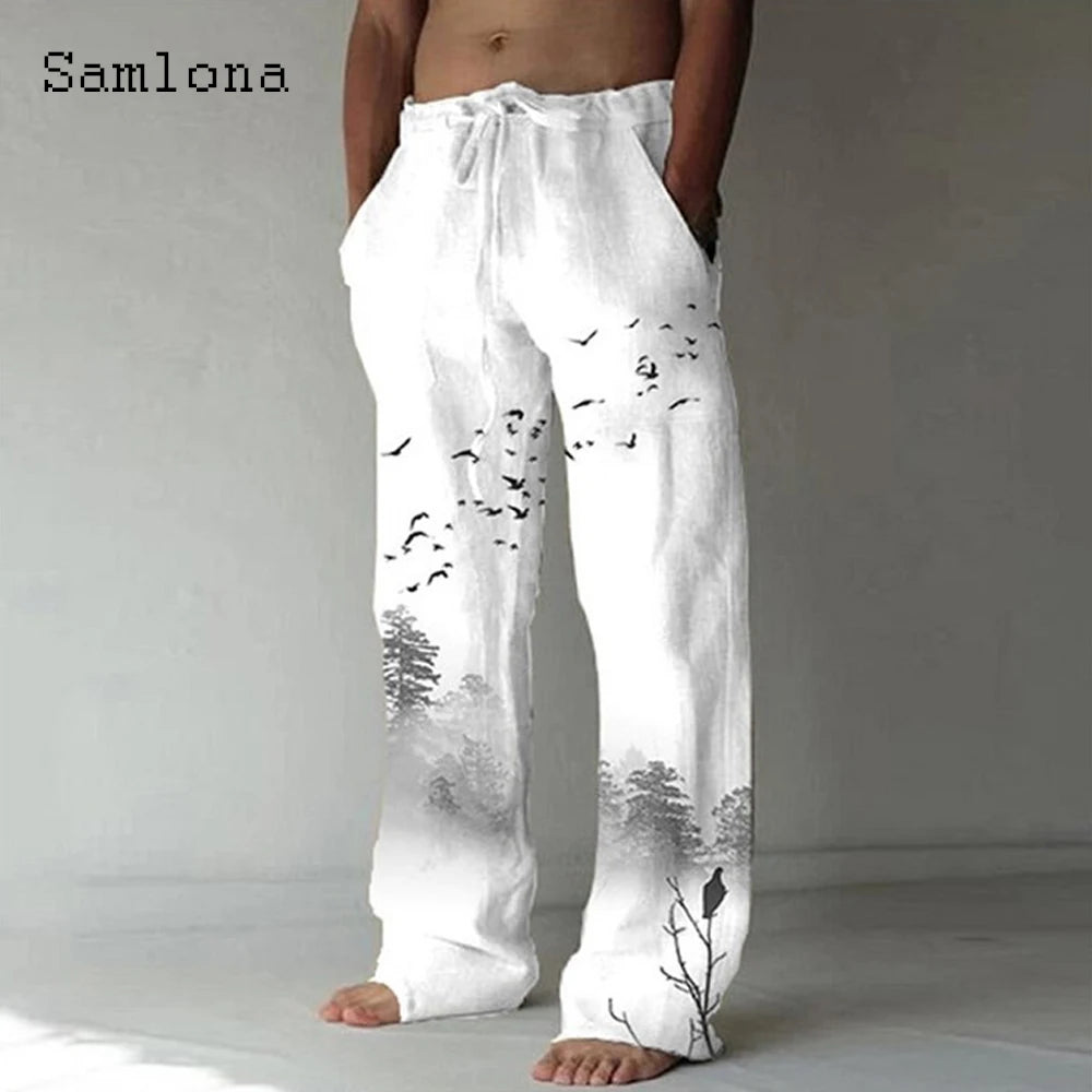 Samlona 2025 Men's Pocket Design Linen Pants Drawstring Loose Trouser Plus Size 3xl Mens Fashion Birds Feather Print Sweatpants