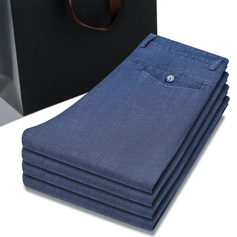 2024 New Men's Thin Lyocell Fabric Loose Jeans Light Blue Business Fashion Stretch Denim Trousers Male Clothing Brand Pants