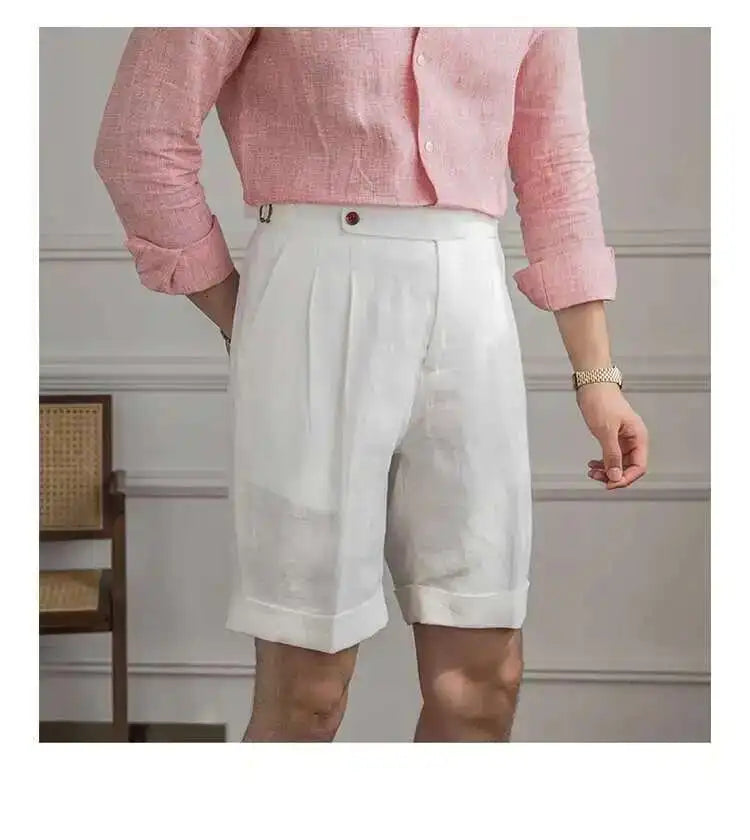 100% Linen Summer Straight Naples Shorts Men Solid Color Business Dress Pants Office Social Casual Slim Fit Shorts