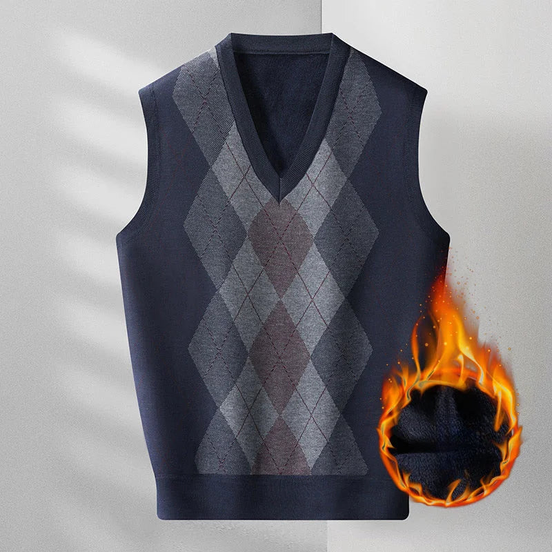 Fashion Vintage Winter Argyle Elastic Sweaters Vest Plus Fleece Thermal V-neck Sleeveless Loose Knitted Comfortable Pullover Top