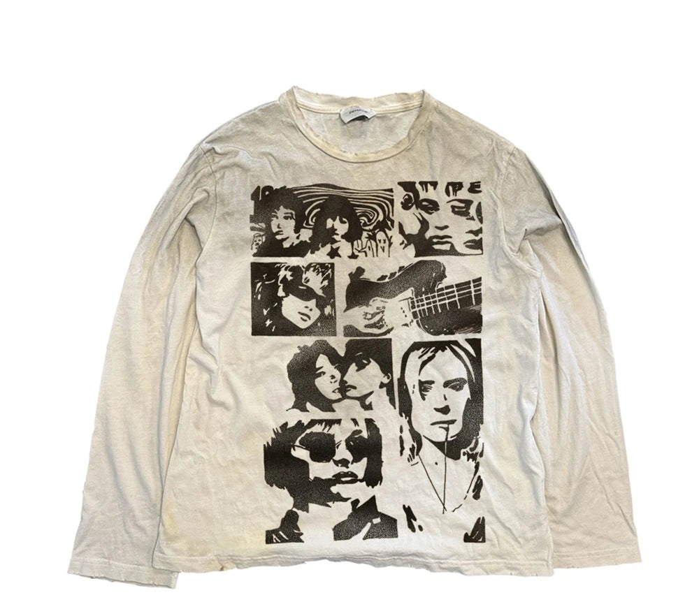 Vintage Washed Long Sleeves T-Shirt Summer Graffiti Printed Destroyed Dirty T Shirt Hip Hop Streetwear Cotton Tops Tees