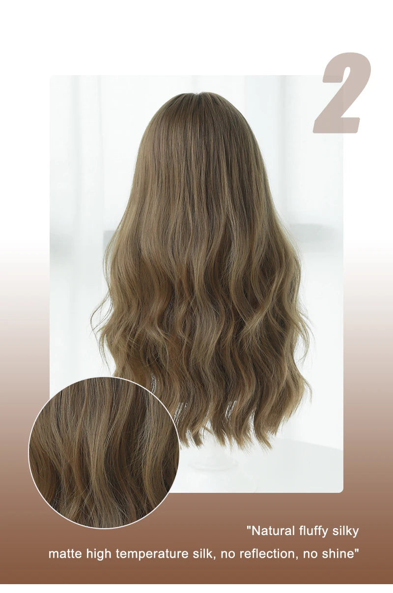 7JHH WIGS Body Wavy Wig Long Loose Curly Brown Wig for Women Daily Use High Density Synthetic Layered Hair Wigs with Bangs