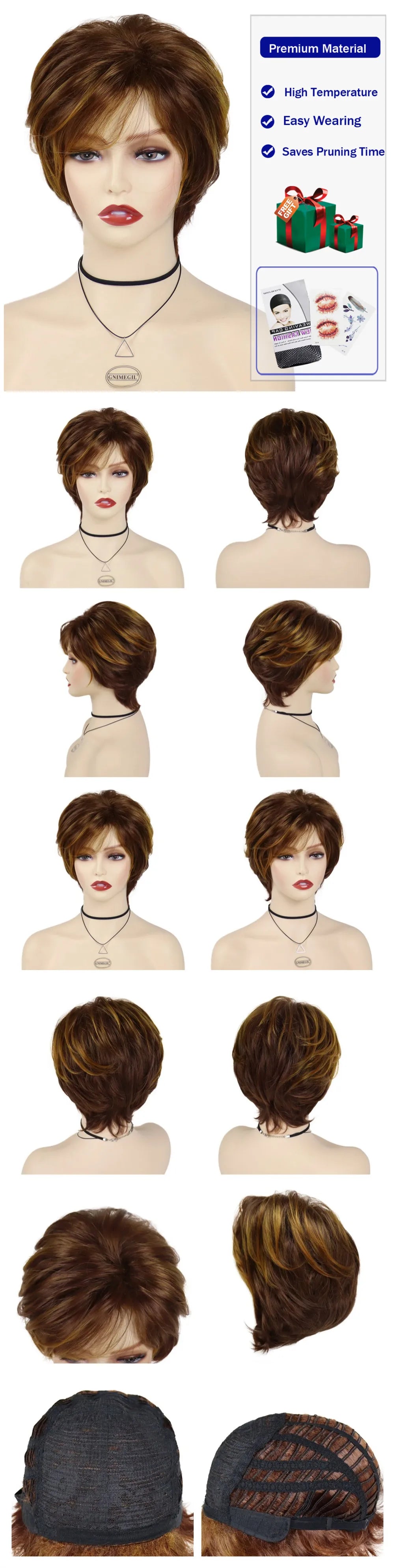 Old Lady Synthetic Hair Blonde Wig with Bangs Natural Short Wig for White Woman High Temperature Blond Ombre Mommy Wig for Daily