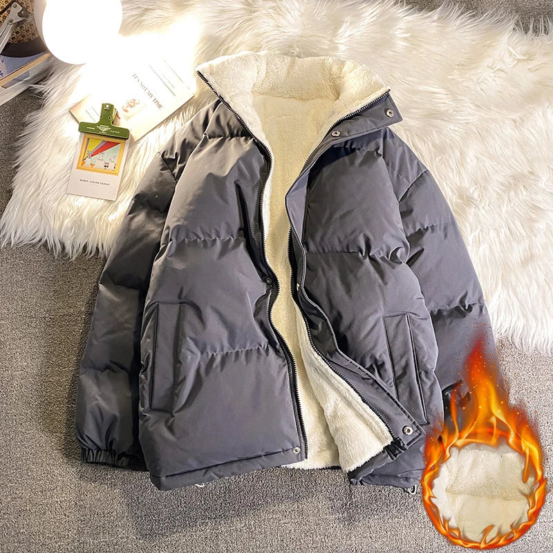 Warm Fleece Winter Lined Puffer Jackets Men Thick Parkas Casual Man Padded Down Outwear Zipper Long Sleeve Outdoor Couple Coat