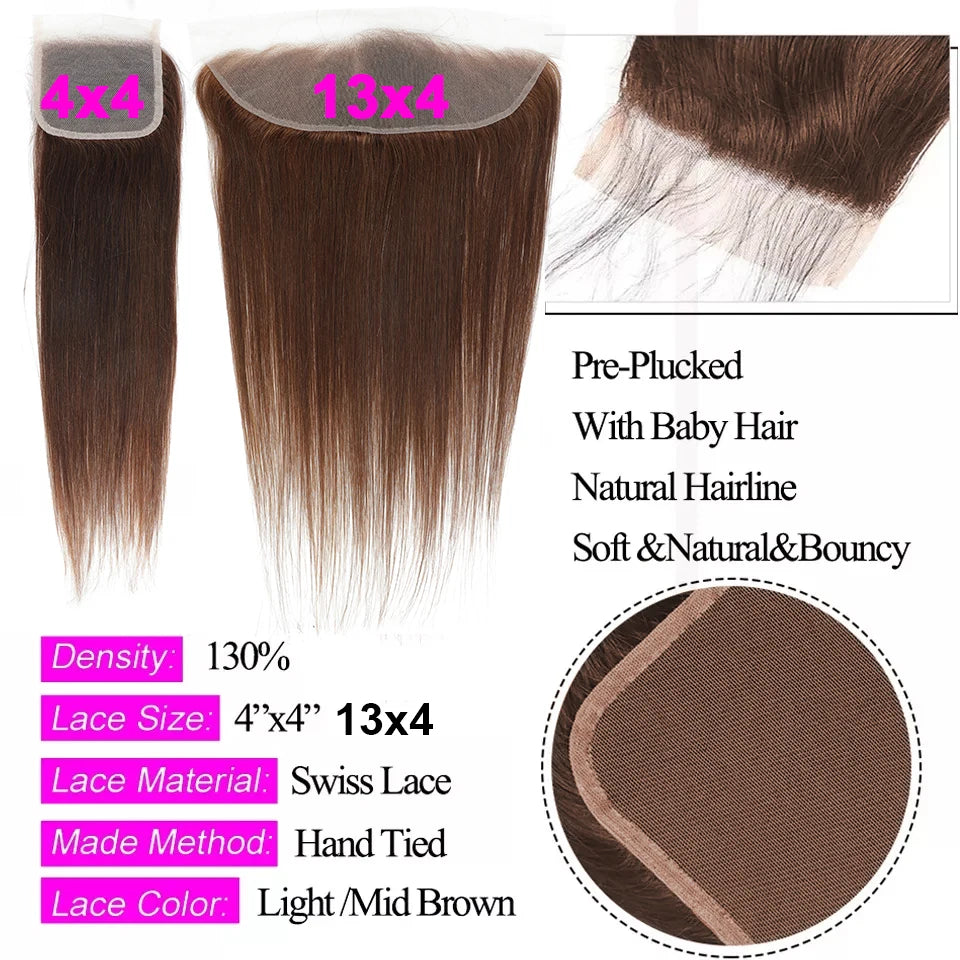 Clearance Cheap #4 Color Straight Human Hair Bundles With Closure Brazilian Virgin Human Hair Weave Bundles With HD Lace Closure