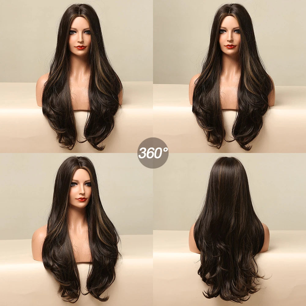 ALAN EATON Long Wave Dark Brown Synthetic Wigs for Black Women Middle Parted Wigs with Highlights Cosplay Hair Heat Resistant