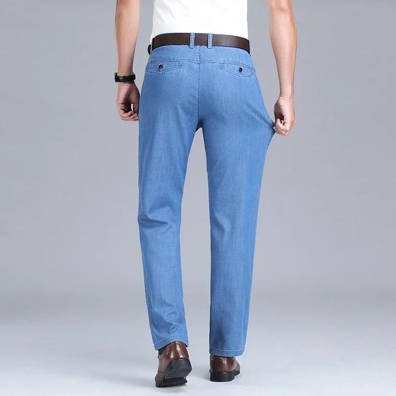 2024 New Men's Thin Lyocell Fabric Loose Jeans Light Blue Business Fashion Stretch Denim Trousers Male Clothing Brand Pants