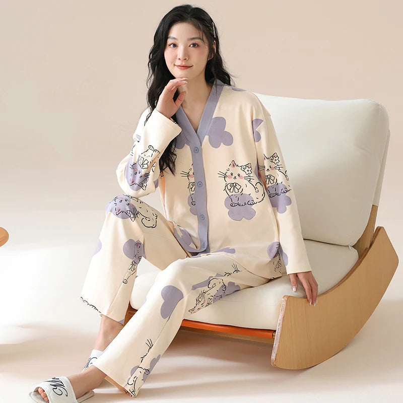Y2k Women's 100% POLYESTER Pajamas with Cartoon Print Korean Fresh Ins Style Harajuku Lounges 2pcs 2024 New Spring/fall Homewear
