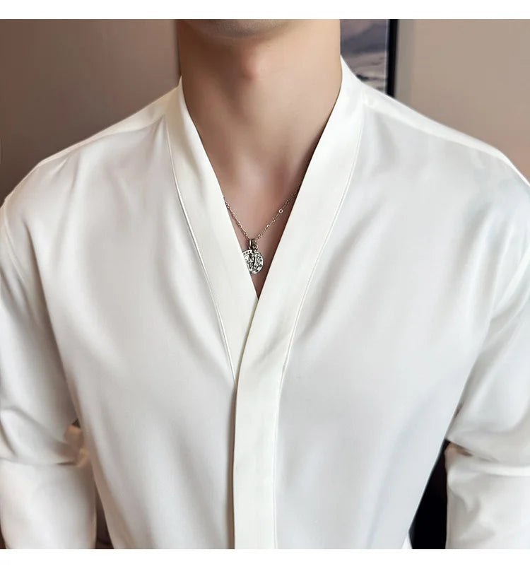 High Quality Collarless Shirts Men Fashion Slim Fit Long Sleeve Casual Shirts Business Office Social Formal Shirt Men Clothig