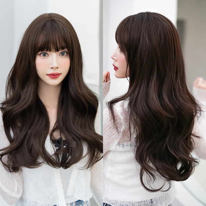 7JHH WIGS Body Wavy Wig Long Loose Curly Brown Wig for Women Daily Use High Density Synthetic Layered Hair Wigs with Bangs