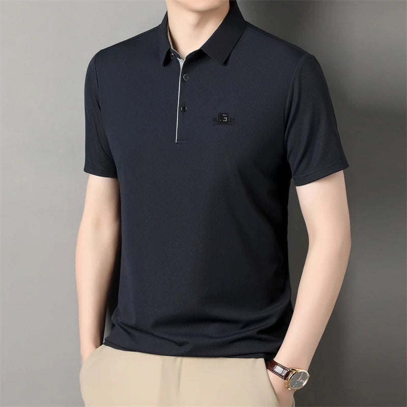 New Men's Business Casual Short Sleeved Shirt with Badge Solid Color Polo Shirt Fashionable Breathable Comfortable Versatile Top