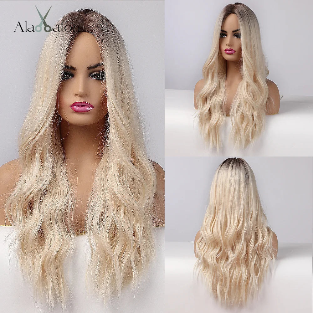 ALAN EATON Long Wave Dark Brown Synthetic Wigs for Black Women Middle Parted Wigs with Highlights Cosplay Hair Heat Resistant