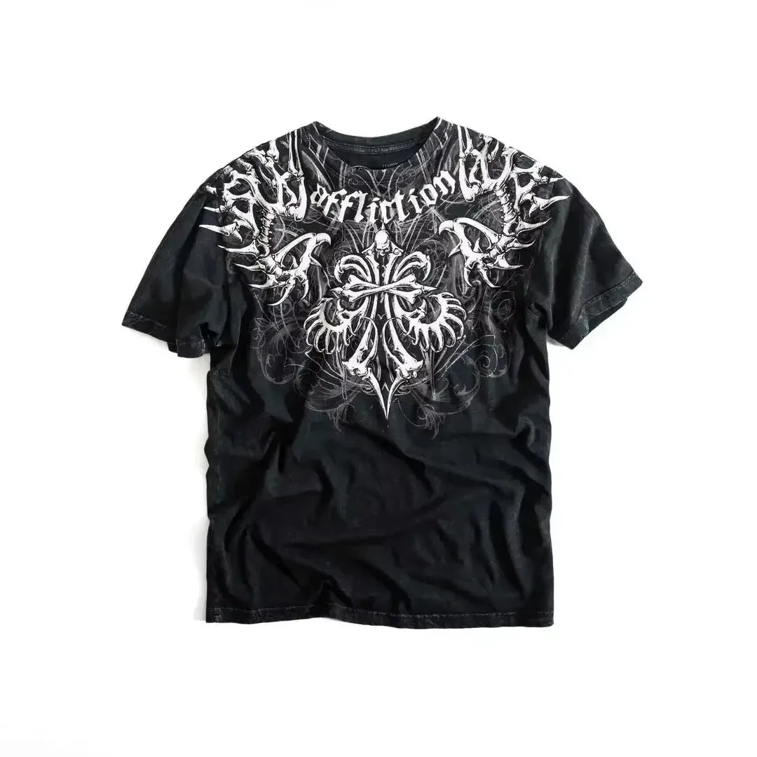 2000s Affliction Style Streetwear Tee Gothic Skull Cross Print Trendy Graphic T-shirts