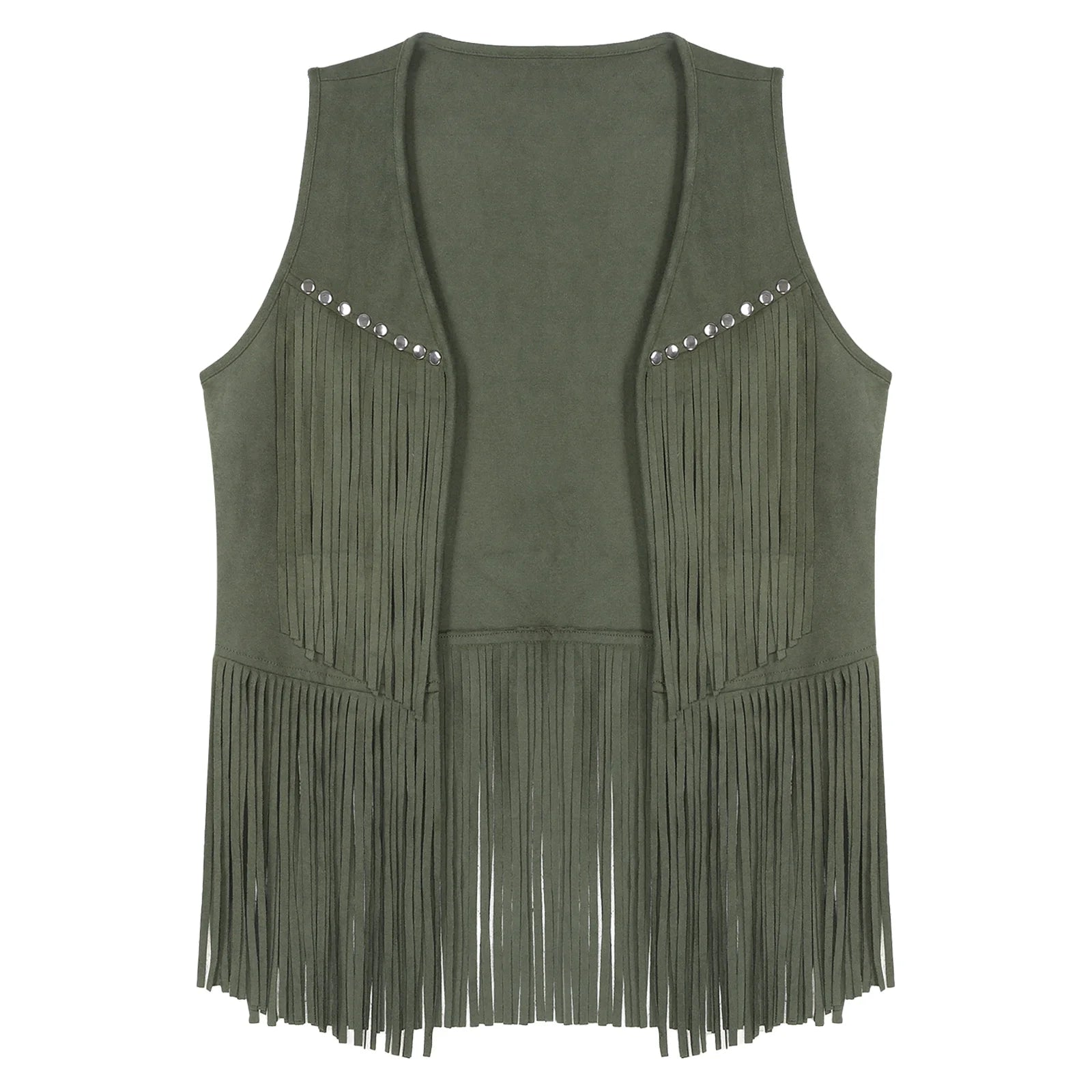 Mens Faux Suede Tassel Vest Coat Punk Western Cowboy Costume Fashion Rivets Fringe Waistcoat Open Front Sleeveless Jacket Tops