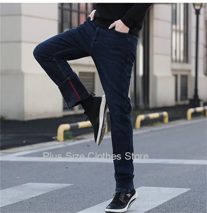 Tall Man Fleece Jeans 117CM Extra Long Stretched Plus Size 42 44 Fit Trousers Warm Autumn Winter High Waist Denim Pants Trousers