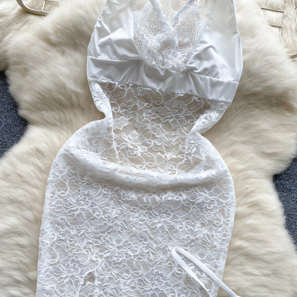SINGREINY Summer France Sensual Night Dress Erotic Hollow Out Camis Lingerie Nightwear Women Split Slim Sheer Lace Pajamas Dress