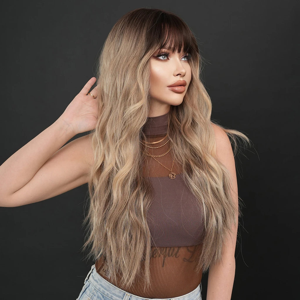7JHH WIGS Synthetic Loose Wave Brown Wig with Dark Roots High Density Body Wavy Hair Wigs for Women Party Halloween Costume Wigs
